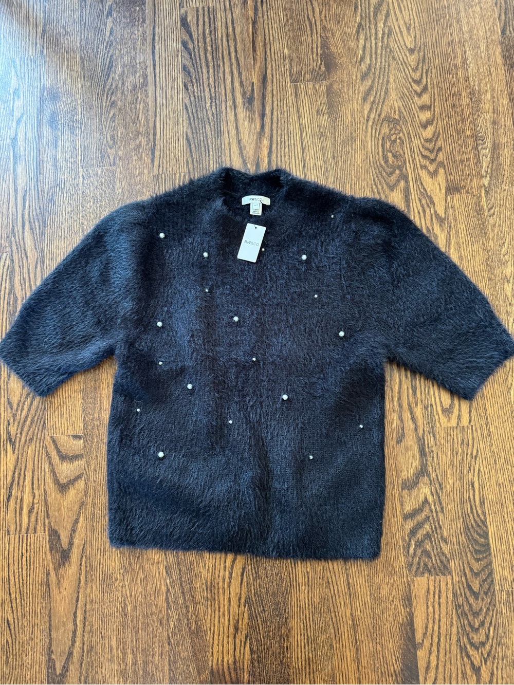 RW&Co Black Beaded Fuzzy Short-Sleeve Sweater size M